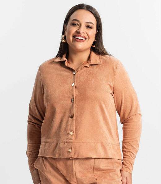 Casaco Plus Size Feminino Em Suede Secret Glam Marrom