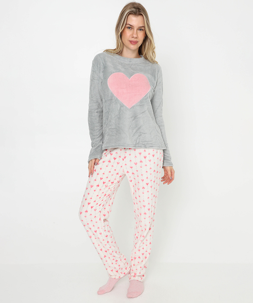 Image_Pijama Feminino Plush Estampa Coração Marisa Cinza