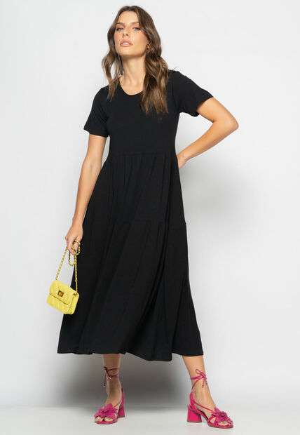 Vestido Midi Manga Curta Com Babado Preto Salvatore