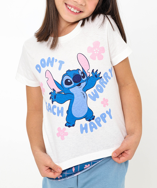 Conjunto Infantil Lenço Stitch Disney Tam 4 a 10 Off White
