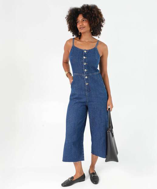 Image_Macacão Feminino Pantacourt Jeans Alças Finas Marisa Azul