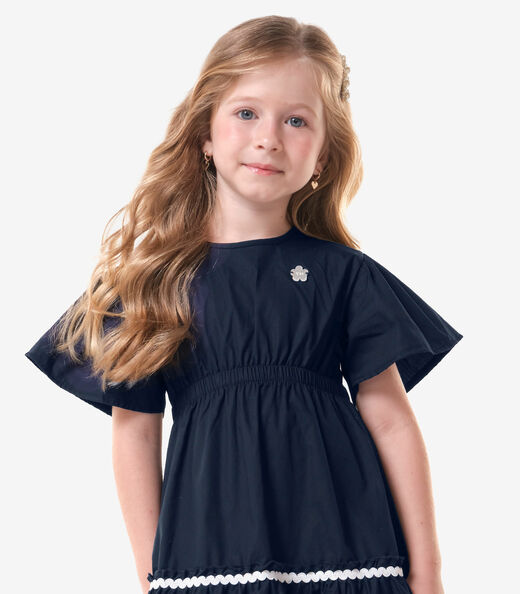Vestido Infantil Tricoline Manga Ampla Trick Nick Azul