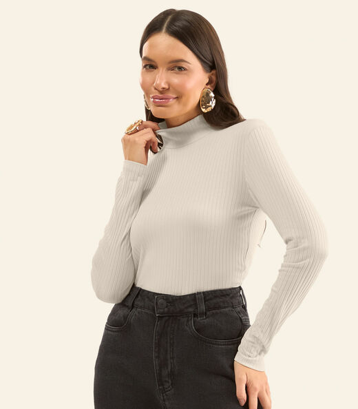 Blusa Manga Longa Ribana Canelada Rovitex Bege