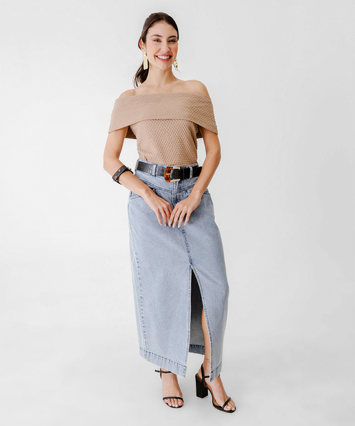 Blusa Feminina Textura Ombro a Ombro Marisa Bege