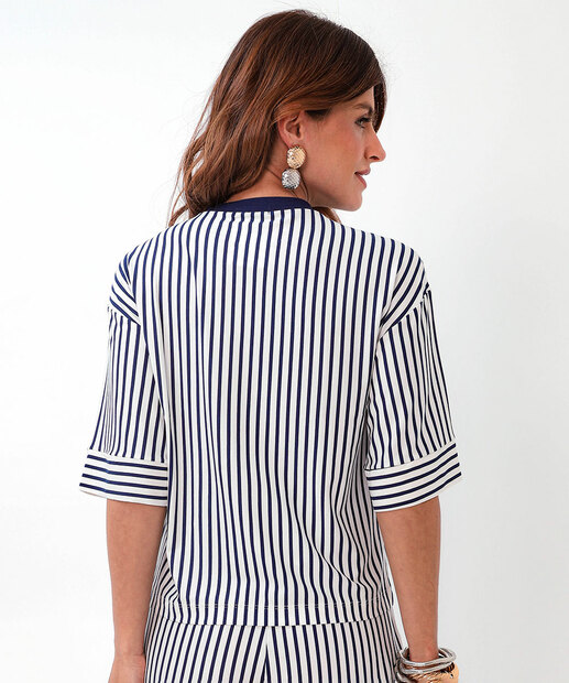 Blusa Feminina Listrada Manga Curta Marisa Azul