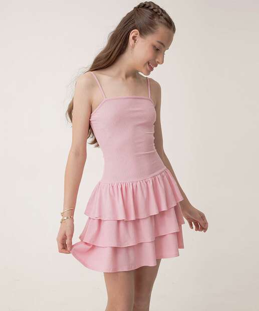 Vestido Juvenil Alças Finas Babado Marisa Tam 10 a 16 Rosa