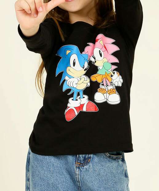Camiseta Infantil Manga Longa Estampa Sonic Tam 4 a 10