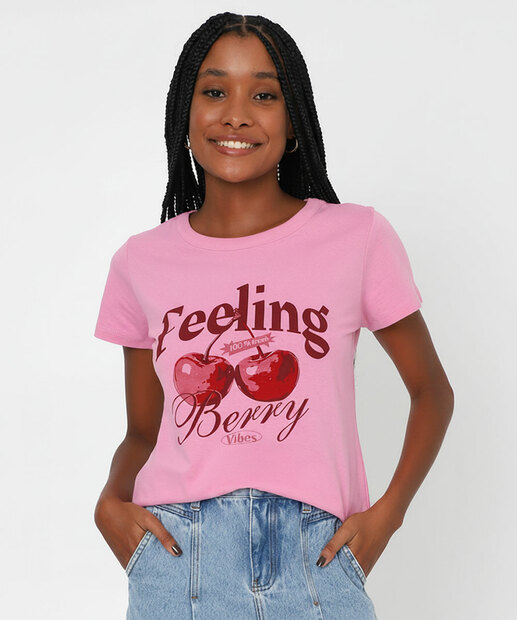 Image_Camiseta Feminina Estampa Cereja Manga Curta Marisa Rosa