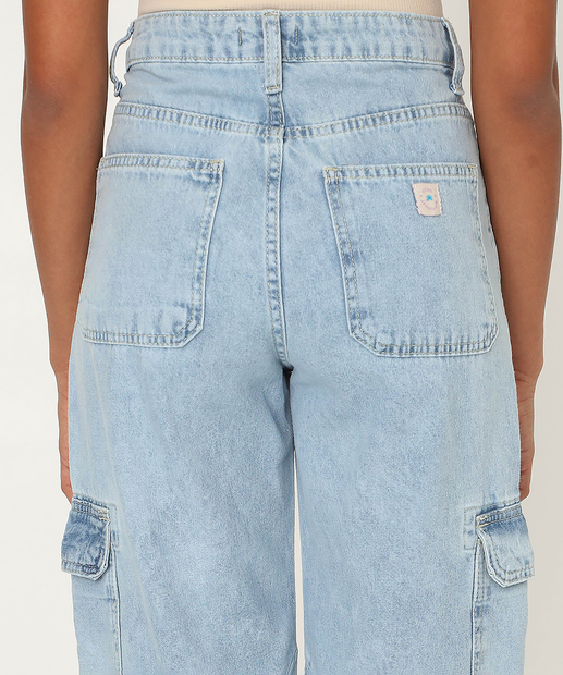 Calça Juvenil Jeans Mom Cargo Tam 10 a 16 Azul