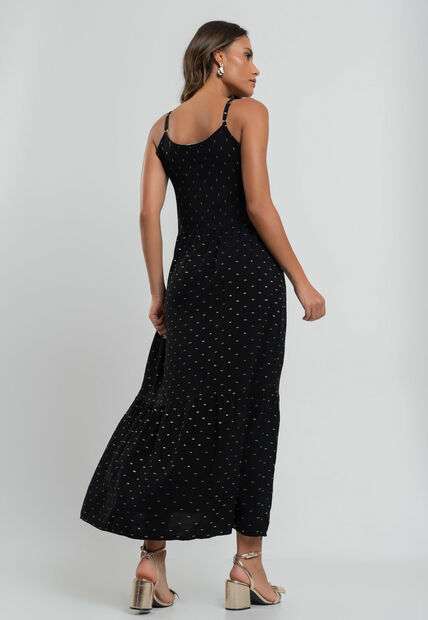 Vestido Midi Viscose Babado Com Lurex Preto Salvatore Fashion