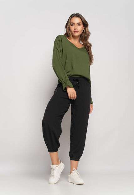 Blusa Gola V Manga Babado Viscolinho Verde Musgo Salvatore