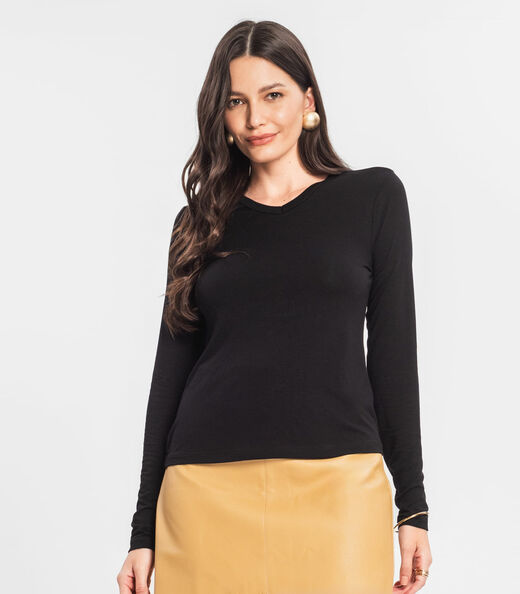 Blusa Manga Longa Decote V Básica Select Preto