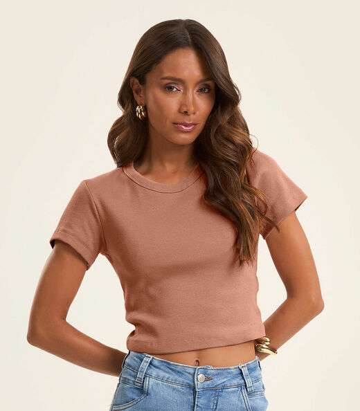 Blusa Cropped Ribana Básica Rovitex Marrom