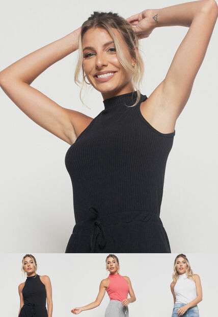 Image_Kit 3 Regatas  Cava Americana Malha Canelada Preta, Melancia e Branca