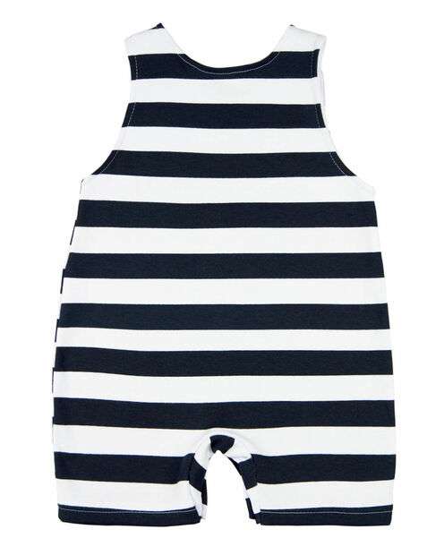 Macacão Romper Bebê Menino Sem Mangas Verão Suedine Listrado Bordado Aplicado -