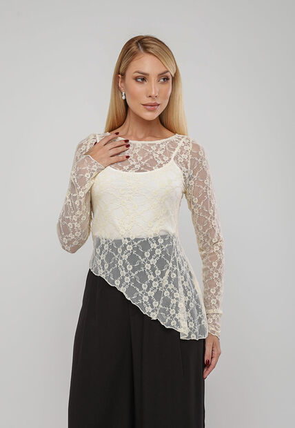 Blusa De Renda Assim?trica Manga Longa Marfim Salvatore