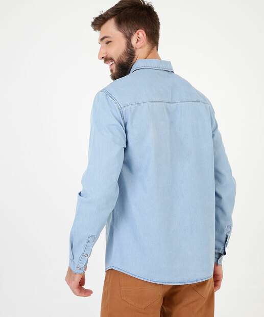 Camisa Masculina Jeans Bolso Manga Longa MR