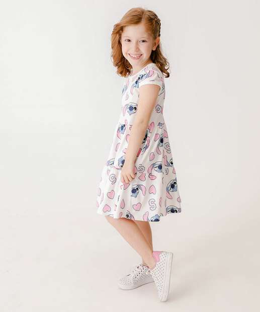 Vestido Infantil Stitch Manga Curta Disney Tam 4 a 10