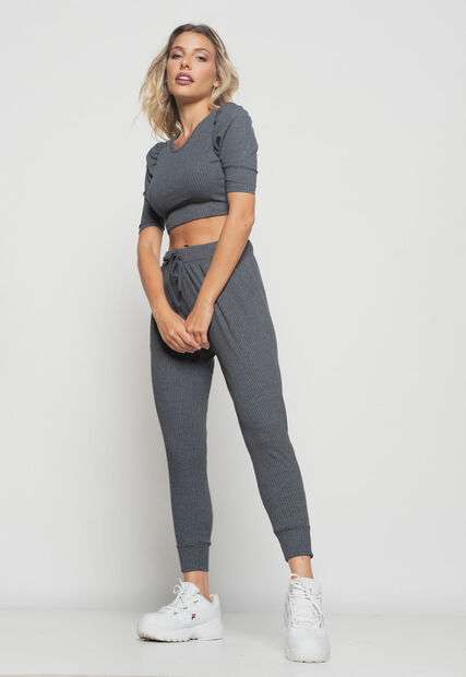 Cropped  Princesa Gola Redonda Malha Canelada Grafite Salvatore Fashion