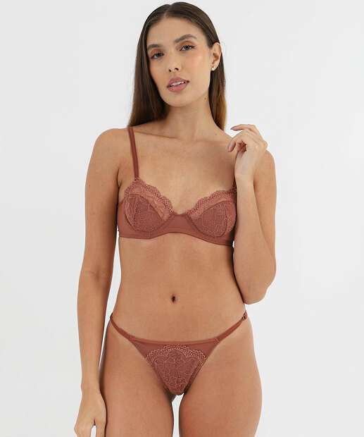 Calcinha String Renda Tule Marisa Marrom
