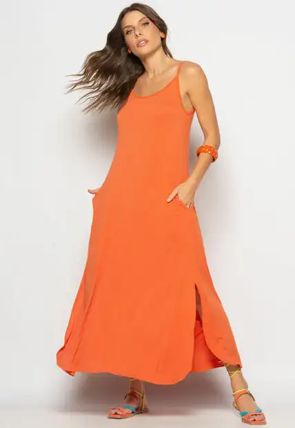 Vestido Longo Alcinha Com Barra Arredondada E Bolsos Telha Salvatore