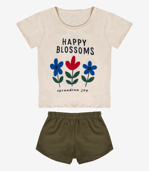 Conjunto Menina Short e Blusa Estampada Select Bege