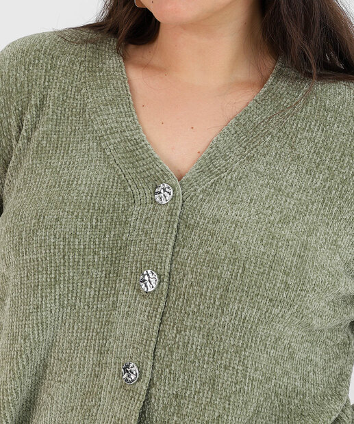 Cardigan Plus Size Feminino Chenille Botões Marisa Verde
