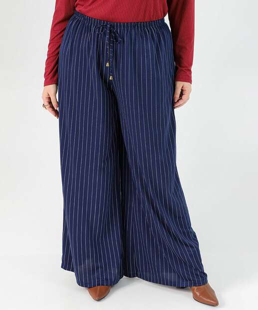 Calça Plus Size Feminina Pantalona Listrada Marisa Azul