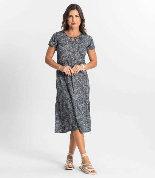 Vestido Midi Feminino Estampado Select Cinza