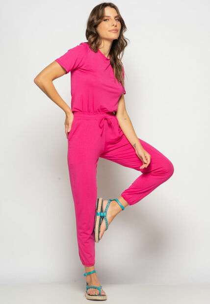 Conjunto Blusa Gola Redonda M/C e Jogger Recortes Malha Rosa Salvatore