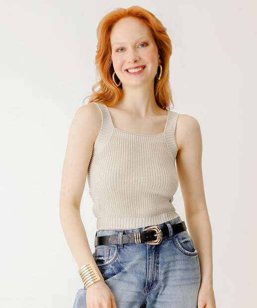 Blusa Cropped Regata Feminina Tricô Marisa Bege