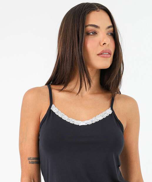 Pijama Feminino Recorte Renda Liso Marisa Preto