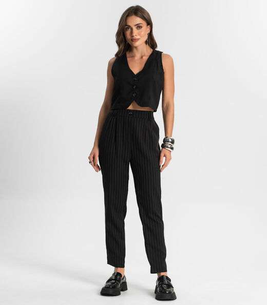 Calça Alfaiataria Cenoura De Risca Giz Style Box Preto