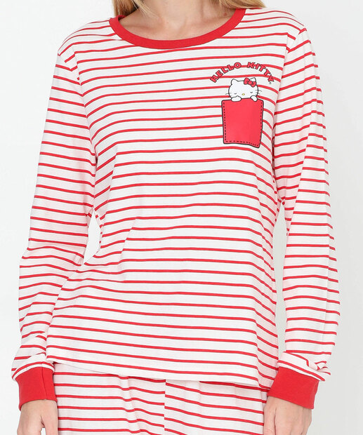 Pijama Feminino Hello Kitty Listrado Manga Longa Vermelho