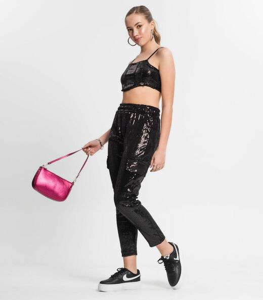 Calça Reta Juvenil Em Paetê Minty Preto