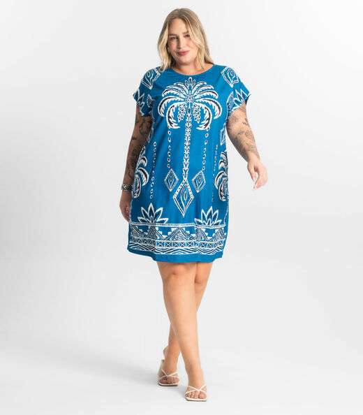 Vestido Feminino Plus Size Estampado Secret Glam Azul