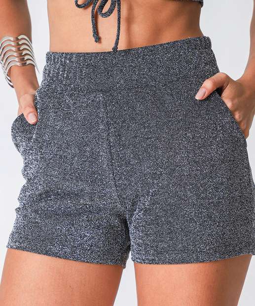 Short Cintura Alta Feminino Brilho Lurex Marisa Preto