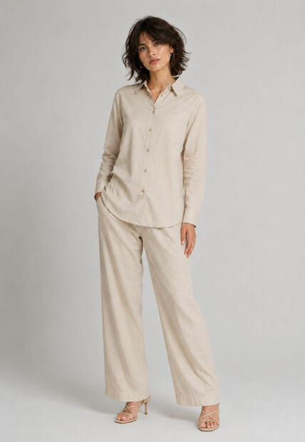 Conjunto Feminino Camisa e Calça Pantalona Bege Salvatore