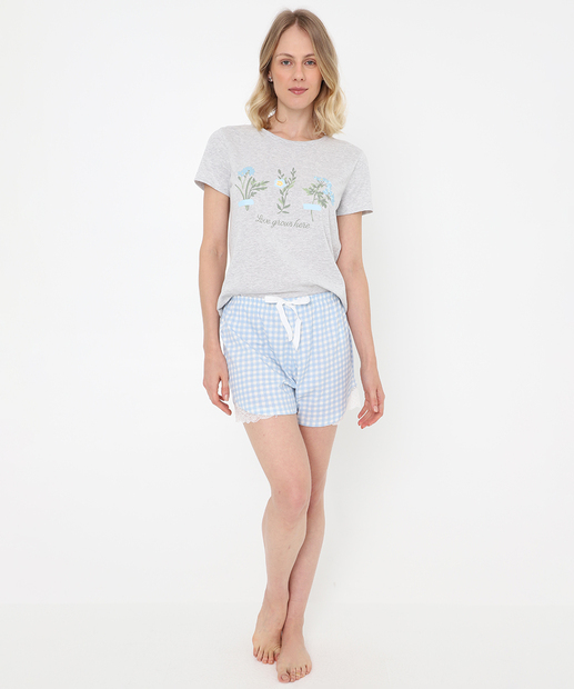 Pijama Feminino Estampado Manga Curta Marisa Cinza