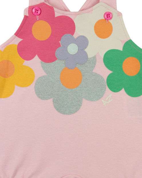 Macacão Bebê Menina Banho de Sol Suedine Sem Manga Silk Screen Flores - Rosa