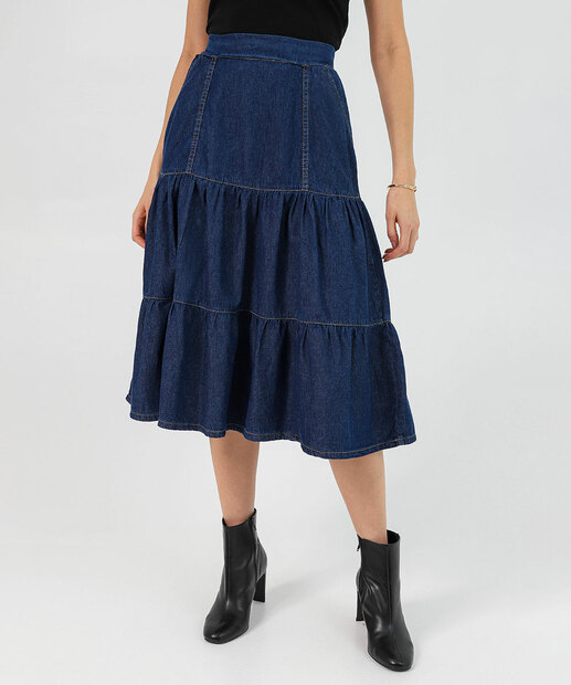 Saia Midi Jeans Feminina com Babados Marisa Jeans