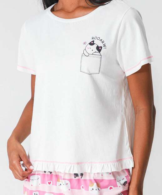 Pijama Feminino Babado Gato Marisa Off White