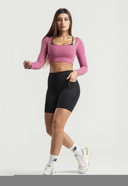 Cropped Manga Longa Decote Quadrado Rosa Wemood