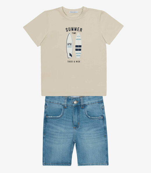 Conjunto Camiseta Com Bermuda Trick Nick Bege