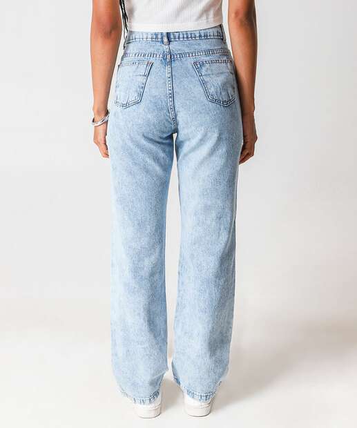 Calça Jeans Reta Feminina Marmorizada Azul