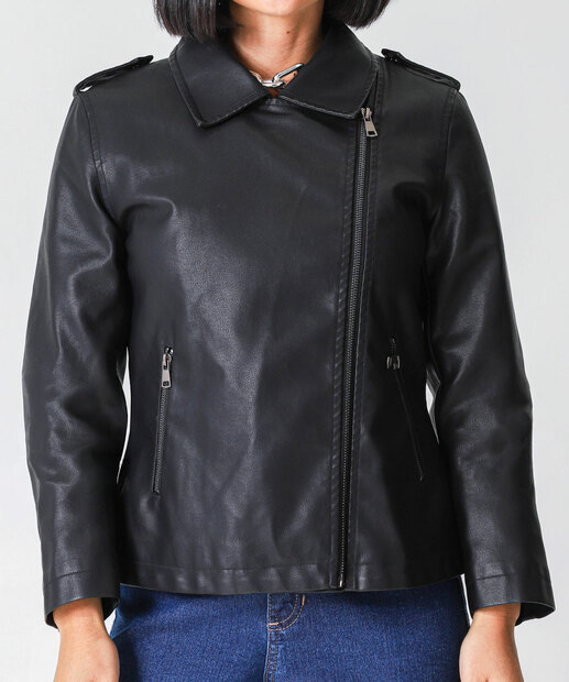 Jaqueta Feminina Biker Bolsos Marisa Preto