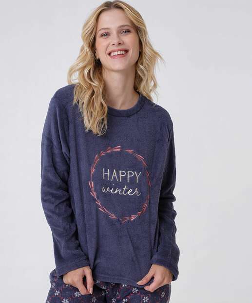 Pijama Feminino Plush Estampa Frase Manga Longa Marisa