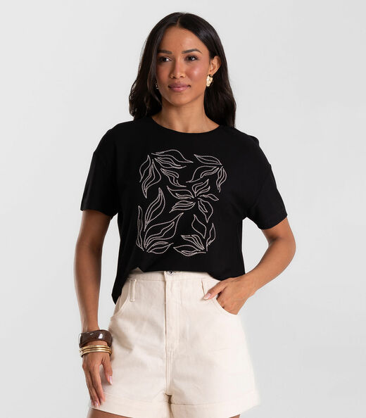 Blusa Feminina Visco Creponada Com Estampa Rovitex Preto