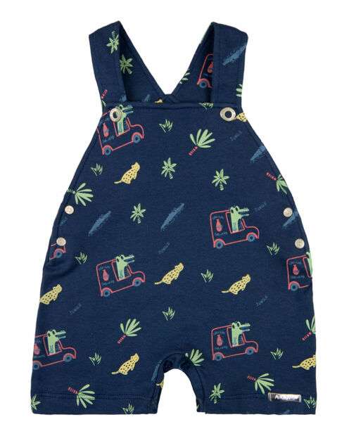 Macacão Bebê Curto Menino Salopete Suedine Estampado Com Camiseta Jacaré e Onça
