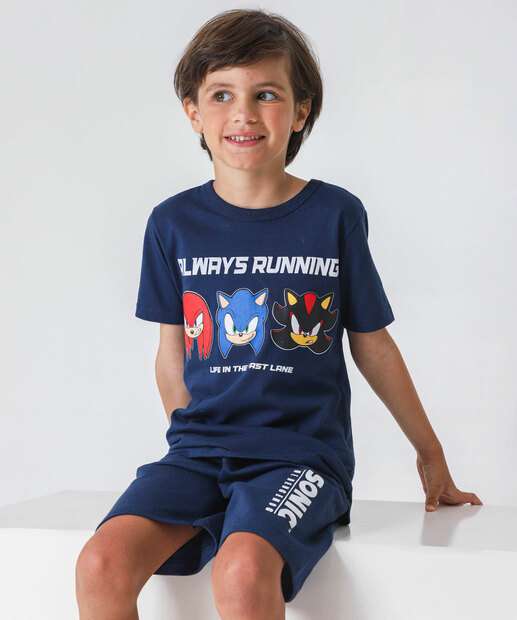 Conjunto Infantil Manga Curta Sonic Tam 4 a 10 Azul